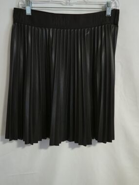 DKNY Black Pleated Faux Leather Skater Skirt